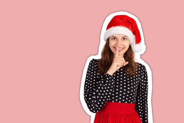 Pleasant woman keeps finger on lips, asks not tell secret information or keep silence. Magazine collage style with trendy color background. holiday concept