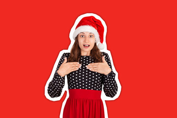 surprised woman in dress holding hands on breast smiling being touched and pleased. Magazine collage style with trendy color background. holiday concept