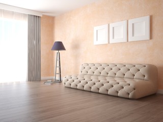 Mock up a stylish living room with a compact comfortable sofa and fashionable decorative plaster.