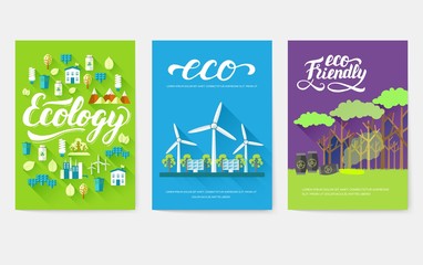 Ecology information cards set. Ecological template of flyear, magazines, posters, book cover, banners. Eco infographic concept background. Layout illustrations modern pages with typography text