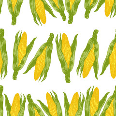 Vector set of seamless patterns with wonderful colorful corn, hand-drawn in graphic and real-style at the same time. Seasonal colors: yellow, green. Tasty, appetizing, Ripe corn ear, season vegetable
