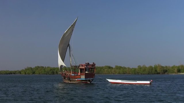 A Swahili dhow boat sails on Mida Creek in Watamu, Kenya.