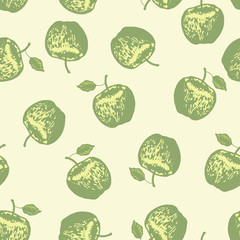 Vector set of seamless patterns with wonderful colorful tasty nice apples, hand-drawn in graphic, real-style at the same time. Seasonal color green. Green leaf. The scattered, juicy whole fresh apples