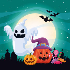 halloween dark scene with ghosts floating