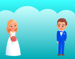 Young cartoon newlyweds on their wedding day. The bride in a white dress with a bouquet of red roses, the groom in a blue tuxedo. There is a happy smile on their faces. Vector illustration.