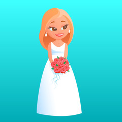 Young beautiful blonde bride. Stands in a white wedding dress with a bouquet of red roses. A happy smile is on her face. Vector cartoon illustration on a blue background.