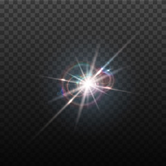 Vector lens flare effect. Round isolated transparent optical design with rays. Space star explosion. Luxury sparkling highlight, digital graphics.