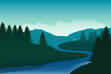 Fototapeta na wymiar Illustration of the mountain landscape with fir-tree silhouettes. Sunrise in mountains.