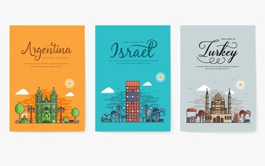 Set of different cities for travel destinations. Landmarks banner template of flyer, magazines, posters, book cover, banners. Layout architectural flat illustrations modern pages
