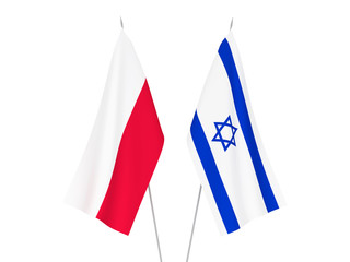 National fabric flags of Israel and Poland isolated on white background. 3d rendering illustration.