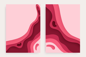 Paper cut banners set with 3D slime abstract background and red pink waves layers. Abstract layout design for brochure and flyer. Paper art vector illustration