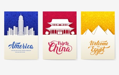 set of art ornamental travel and architecture on ethnic floral flyers. Vector decorative banner of card or invitation design. Historical monuments of USA, China, Egypt, France, Mexico, Italy country