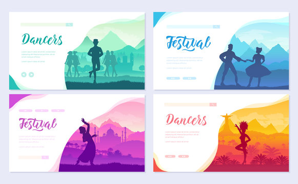 Traditional dances from all over the world brochure cards set. Cultural Dancer Styles template of flyear, web banner, ui header, enter site. Invitation concept background. Layout modern slider page