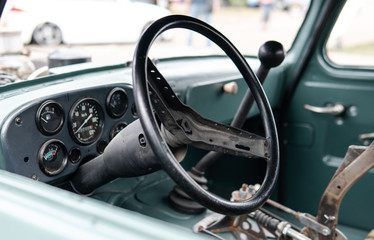 Vintage details inside  old hot rod car. Hot rod machine control sensors
