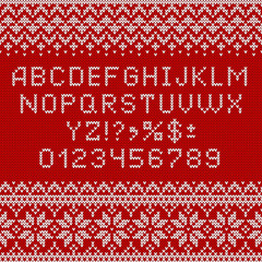 Knitting font. Alphabet, numbers and norwegian ornaments.