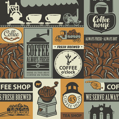 Vector seamless pattern on coffee and coffee house theme with coffee beans, inscriptions and illustrations in retro style. Suitable for wallpaper, wrapping paper or fabric