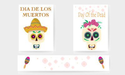 day of the dead mock up postcards with skulls, flowers. Background. vector. 