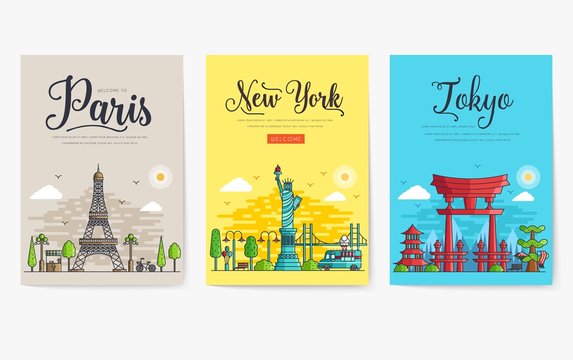 Set of different cities for travel destinations. landmarks banner template of flyer, magazines, posters, book cover, banners. Layout workplace technology flat illustrations modern pages