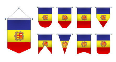 3D Realistic Pennants Hanging Flags of the ANDORRA. Vertical Template design set national flags of country for travel, sport, advertising, signboard, website, award, achievement, festival, carnaval