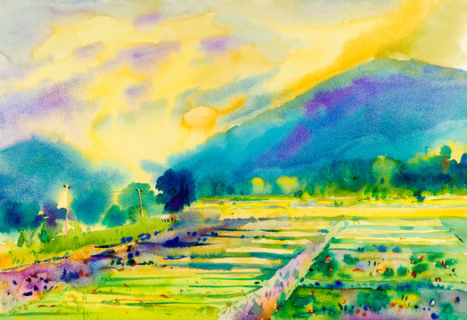 Watercolor landscape original painting of village rural society.