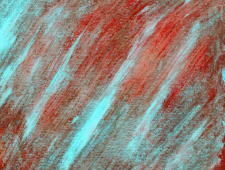 Paint red and turquoise abstract textural with diagonal lines and divorces