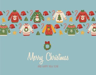 Fototapeta premium X-mas joyful postcard with holidays congratulations vector illustration. Happy New Year and Merry Christmas wishes with sweaters and xmas symbols flat style concept. Festive greeting card