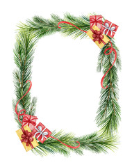 Fototapeta na wymiar Watercolor vector Christmas frame with fir branches and gifts.