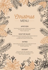 Food restaurant cuisine menu template vector illustration. Price set for christmas dishes appetizer, soup, salad, entree, dessert. Xmas new year eve theme and happy winter holidays flat style concept - obrazy, fototapety, plakaty