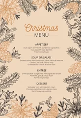 Fotobehang Food restaurant cuisine menu template vector illustration. Price set for christmas dishes appetizer, soup, salad, entree, dessert. Xmas new year eve theme and happy winter holidays flat style concept © Microstocker.Pro