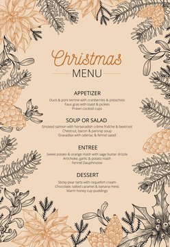 Food restaurant cuisine menu template vector illustration. Price set for christmas dishes appetizer, soup, salad, entree, dessert. Xmas new year eve theme and happy winter holidays flat style concept