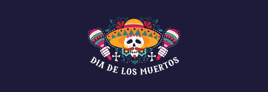 Day of dead greeting banner or invitation card vector illustration. Dia de los muertos template with skull maracas and multicolored flowers flat style concept. Mexican holiday concept