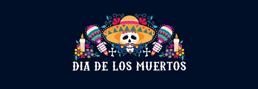 Dia de los muertos greeting card festive design vector illustration. Mexican day of dead banner with skull in sombrero and maracas with floral composition flat style concept