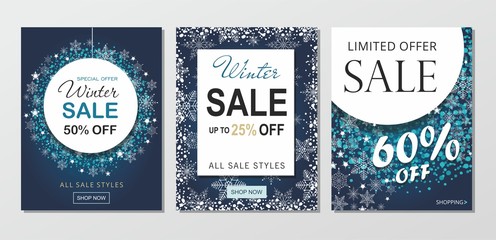 Set Winter sale banners with snowflakes isolated on blue background.