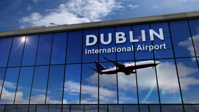 Jet aircraft landing at Dublin, Ireland 3D rendering animation. Arrival in the city with the glass airport terminal and reflection of the plane. Travel, business, tourism and transport concept.