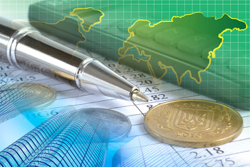 Coins, map and buildings