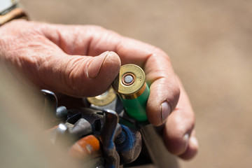 Fototapeta premium Close up of hunter loading shotgun, holds a gun and ammunition in his hand.