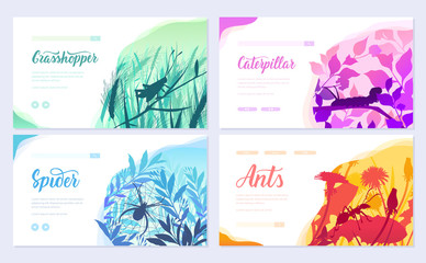 Brochures with insects in the microcosm. set of flyers with beetles in the environment. Template of flyear, web banner, ui header, enter site. Invitation concept background. Layout modern slider page