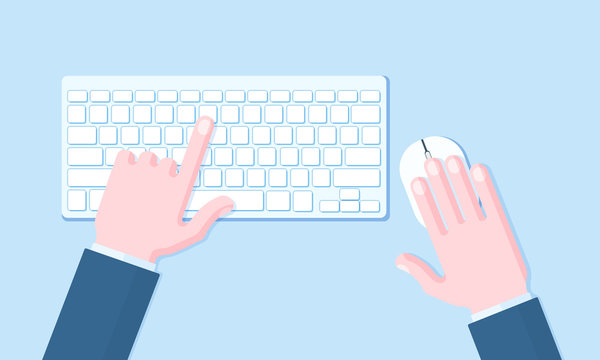 Computer Keyboard and Mouse with Hands of User Flat Vector Illustration