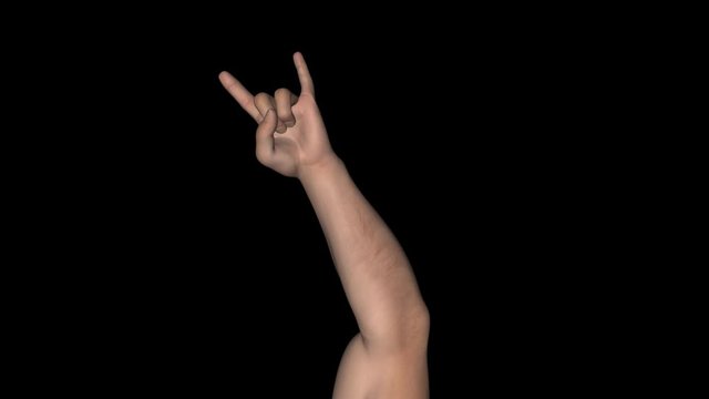 White male hand showing horns sign. Face view. Realistic 3D animation loop with alpha channel isolated on transparent background for individual and crowd social scenes in music, sport, politics.