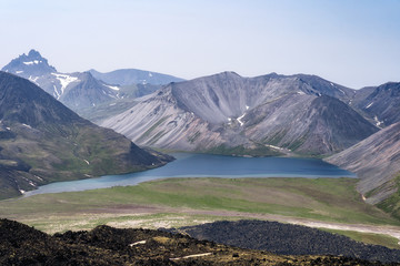 The picturesque lake Ketachan in Kamchatka, Russia. Bystrinsky National Park, near the volcano Ichinskaya Sopka