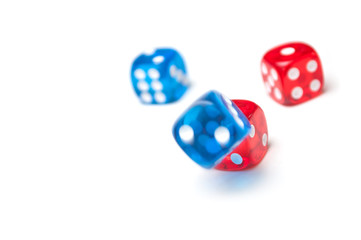 Closeup of colorful dices on white background