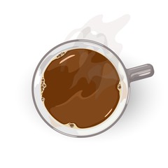 Cup of freshly brewed flavoured coffee. Hot rich drink in grey ceramic cup with smoke. Americano, Long Black or cocoa giving feeling of comfort, coziness. Vector cartoon isolated on white. Top view.