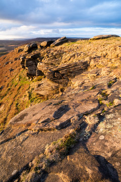 View from Stanage Edge, evening light, Peak District National Park, Derbyshire