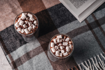 Two glasses of hot cocoa with marshmallows on a brown wool blanket next to an open book