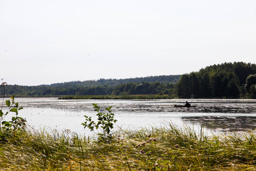 River near beautiful pine forest and fisherman in boat on summer day. Concept nature. Landscape.