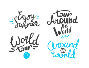 Different lettering logos isolated on white background. World travel logo collection