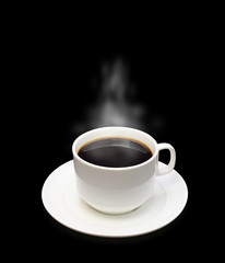 Cup of hot coffee with a smoke on a black background.