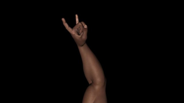 Black male hand showing horns sign. Face view. Realistic 3D animation loop with alpha channel isolated on transparent background for individual and crowd social scenes in music, sport, politics.