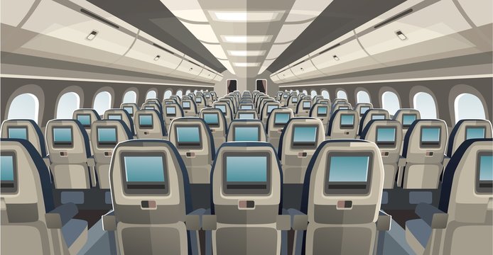 Comfortable and cozy airplane salon seats vector illustration. Seat rows in cabin. Interior of passenger economy class of modern aircraft flat style concept
