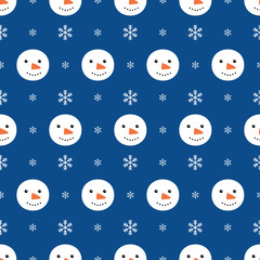Cute cartoon seamless pattern background with snowman heads and snowflakes for winter, christmas design.